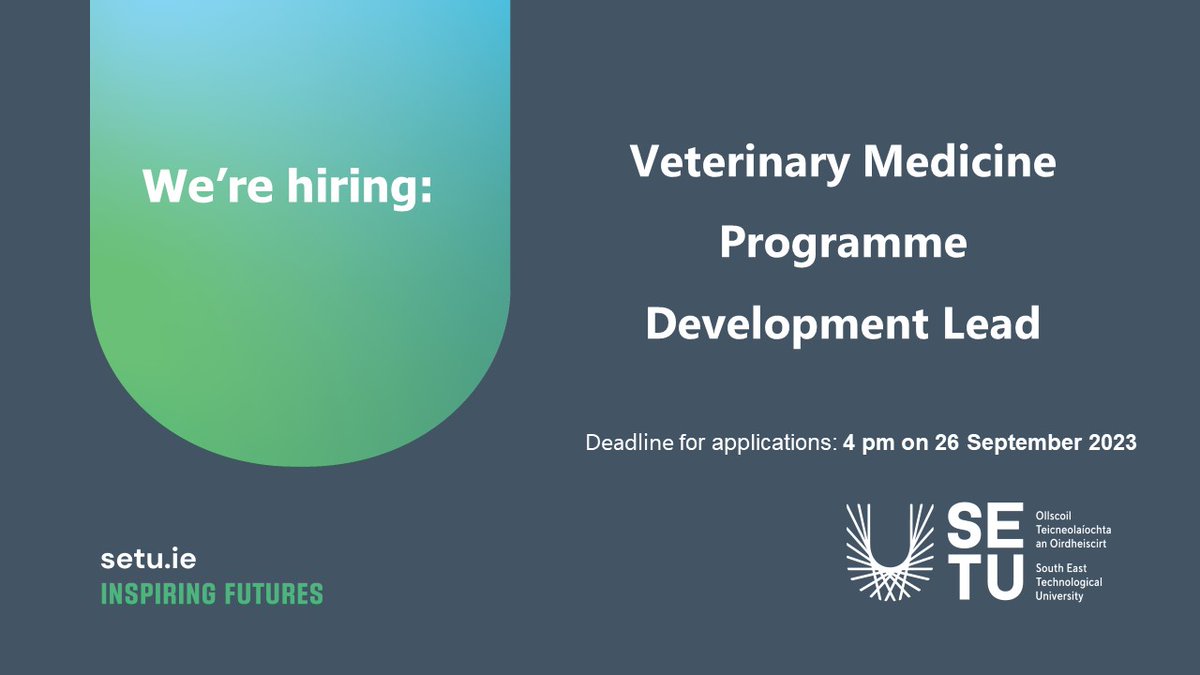 Exciting Opportunity Alert! SETU is seeking to recruit a senior academic as a Veterinary Medicine Programme Development Lead to develop it's new Veterinary Medicine degree. If you are interested in this exciting initiative, click the link! rb.gy/ahcsl