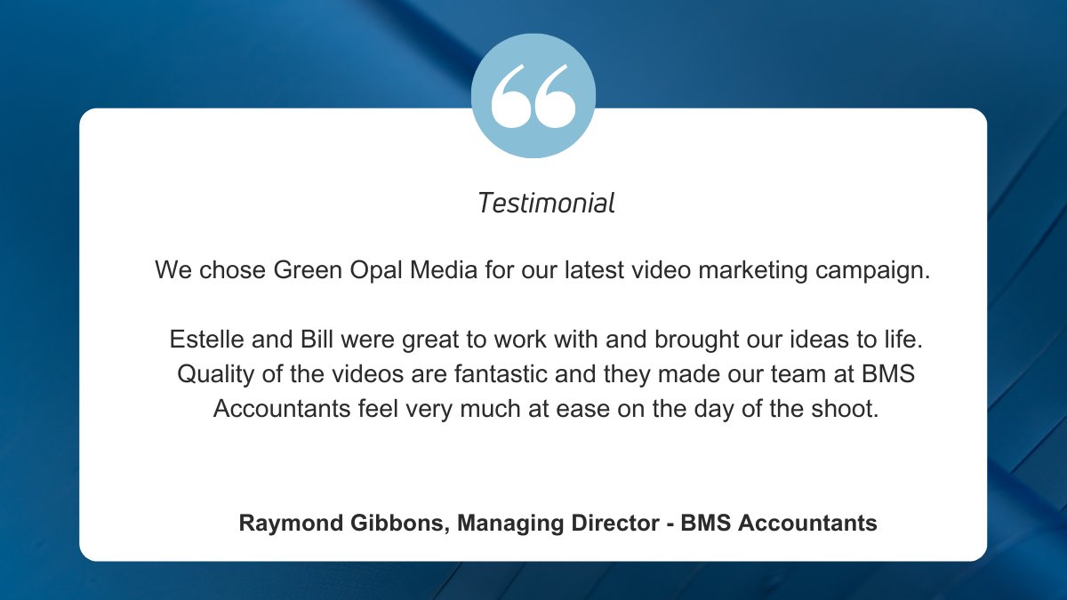 greenopalmedia's tweet image. It is wonderful to receive such a lovely testimonial from Raymond Gibbons of BMS Accountants.  It was such a pleasure to work with him and the team on their recent video project.

#Videoproject #testimonial