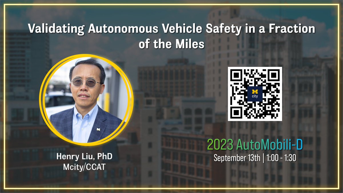 UMichMcity's tweet photo. Dr. Henry Liu will be at the #DetroitAutoShow today from 1:00 - 5:00 PM to discuss Mcity 2.0 and the Safety Assessment Program in Booth 425. 

Scan the QR code below to add it to your calendar. Learn more about Mcity 2.0: https://t.co/eN19jyMOPf

#NAIAS https://t.co/pcWHHshUGO