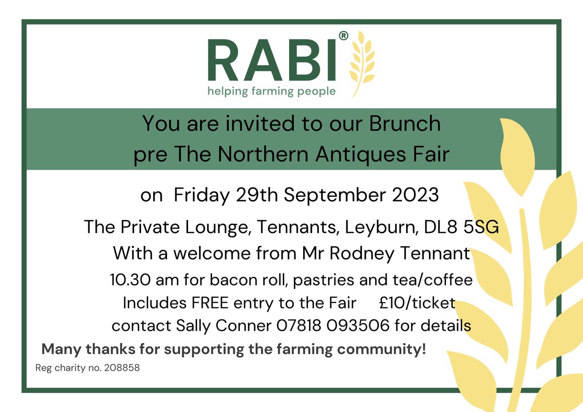 Date for the diary. RABI, The Northern Antiques Fair’s charity partner is hosting a Brunch on Friday 29th September from 10.30. Bacon rolls, pastries, coffee &amp; free entry to the fair. <a href="/GardenRoomsatT/">The Garden Rooms</a> <a href="/homes_antiques/">Homes & Antiques</a> <a href="/NorthernAntiqs/">NorthernAntiquesFair</a> <a href="/RABIcharity/">RABI - the Farmers Charity</a>