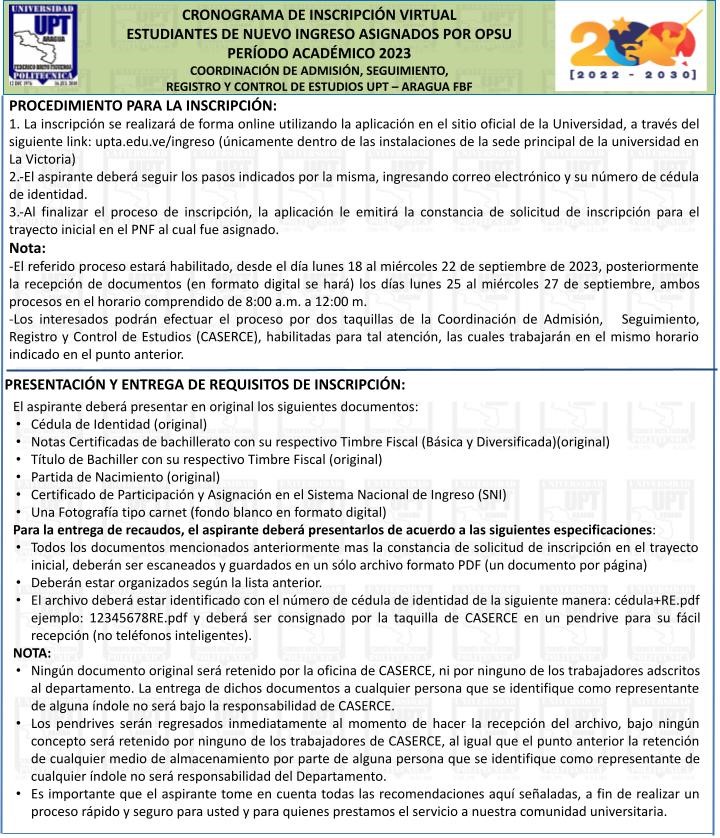 CreacionI_UPT_A's tweet photo. Atención Nuevo Ingreso: Información del proceso de inscripción para los asignados por la @opsuVzla  2023 a la @UPTAragua @BettysMunoz @mppeduniv @sandraoblitasr https://t.co/USCjmihEKg