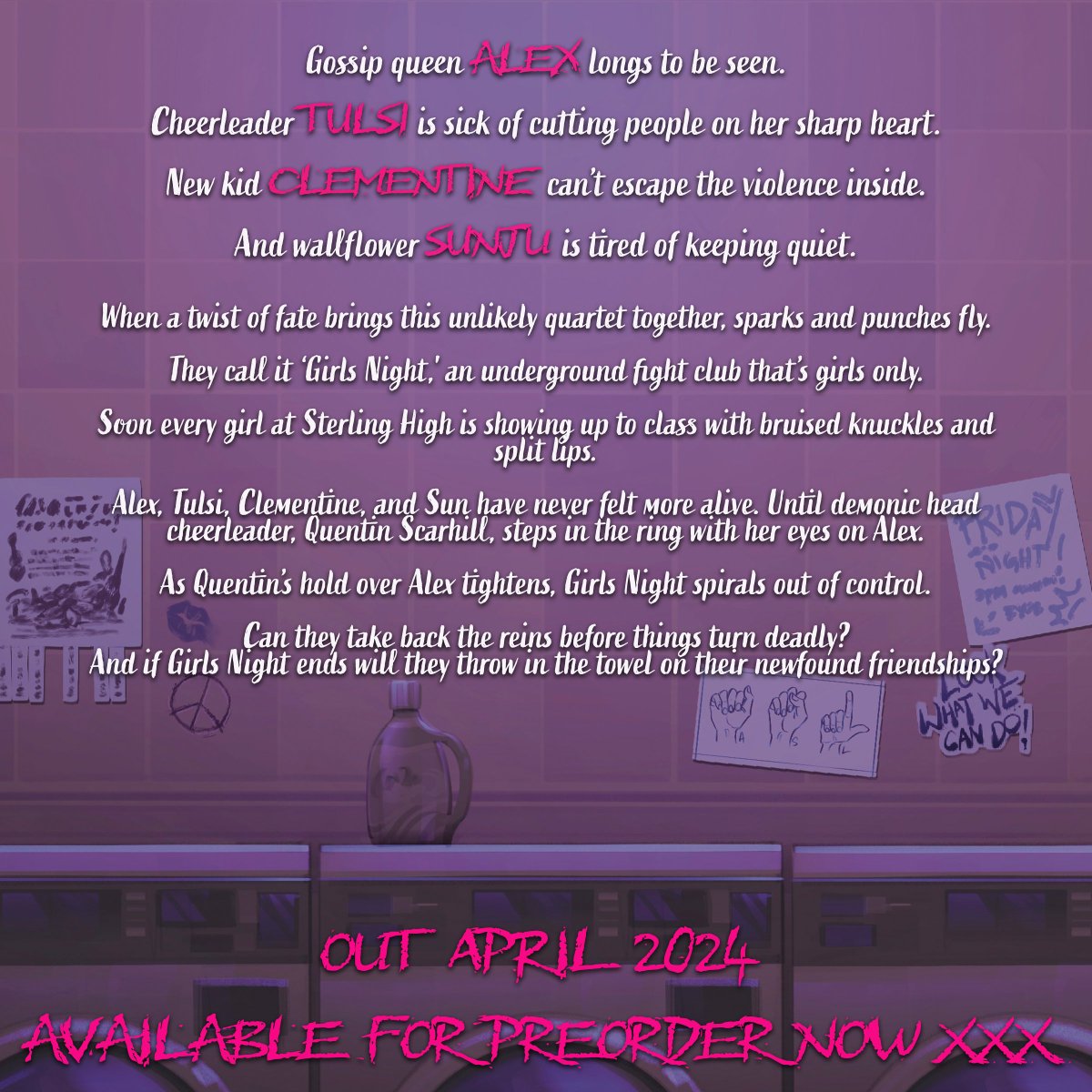 tinyghostpress's tweet image. 🥊🥊🥊COVER REVEAL🥊🥊🥊

Check out the stunning cover for our Spring 2024 release GIRLS NIGHT by @isbelleauthor with ridiculously gorgeous art by @kidovna 

This sapphic YA novel is about female friendship and fistfights that's sure to hit like a sucker punch to the heart.