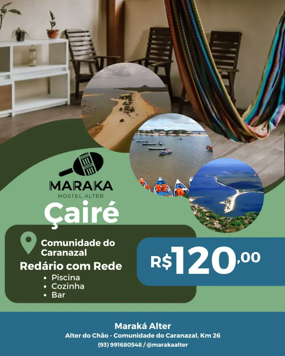 djpedrita's tweet photo. ✨ PROMOÇÃO ÇAIRÉ, MARAKÁ ALTER ✨

✨ Redários a partir de 60 reais 
✨ Quartos climatizados
✨ Wi-fi 
✨ Piscina 
✨ Cozinha compartilhada 
✨ Bar 
✨ Café da manhã 
✨ Mercados próx com Delivery 

Fica localizado 2km da Vila de Alter do Chão. 
Reserve agora 93 99168-0548 https://t.co/P5hk8lP0IN