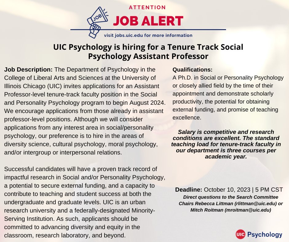 UIC Psychology is hiring for a Tenure Track Social Psychology Assistant Professor! Click the link in our bio to apply today! 🔥

#UIC #UICPsychology #PsychologyJobs