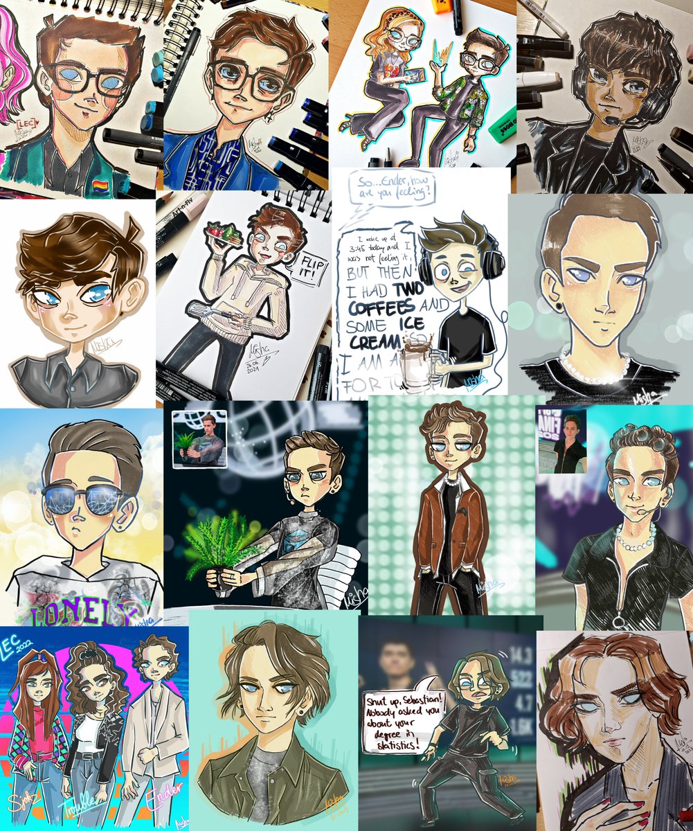 miisha_505's tweet photo. wanted to have some fun and created this collage of @endercasts :D 
these are all of the fanarts I made from july 2020 until september 2023 I think (tbh I thought there were more :D) for me it's interesting to see how the art style changed (a lot) and how clothes + hair changed! https://t.co/caTGdFrja1