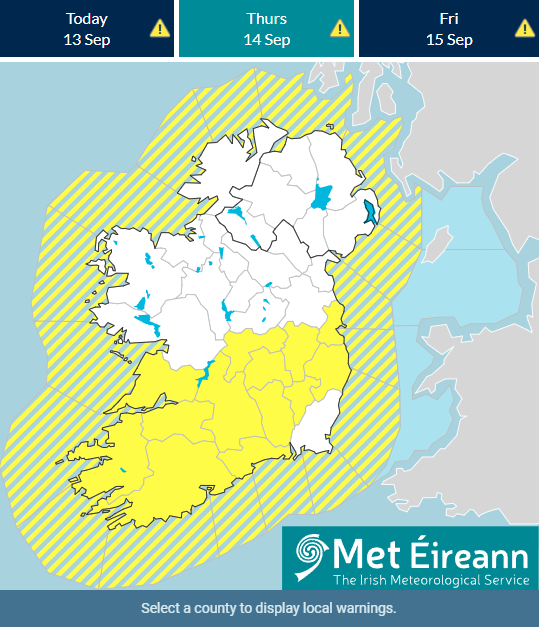 MetEireann's tweet photo. The yellow rainfall warning was updated!⚠️

Persistent and sometimes heavy rain may lead to localised flooding, poor visibility and difficult travelling conditions 🌧️☔️

⏲️Valid: 18:00 Thursday 14/09 to 06:00 Friday 15/09

More here 👇
https://t.co/BoUueCIxKa https://t.co/cYI6VNYVX3