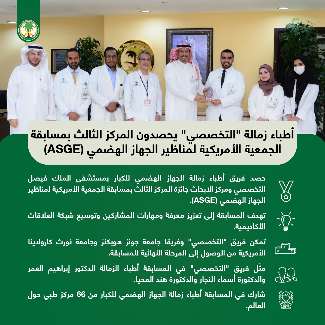 أطباء زمالة الجهاز الهضمي بـ #التخصصي يحتلون المركز الثالث في مسابقة المنظار الذهبي لعام 2023 في جمعية مناظير الجهاز الهضمي الأمريكية (ASGE)