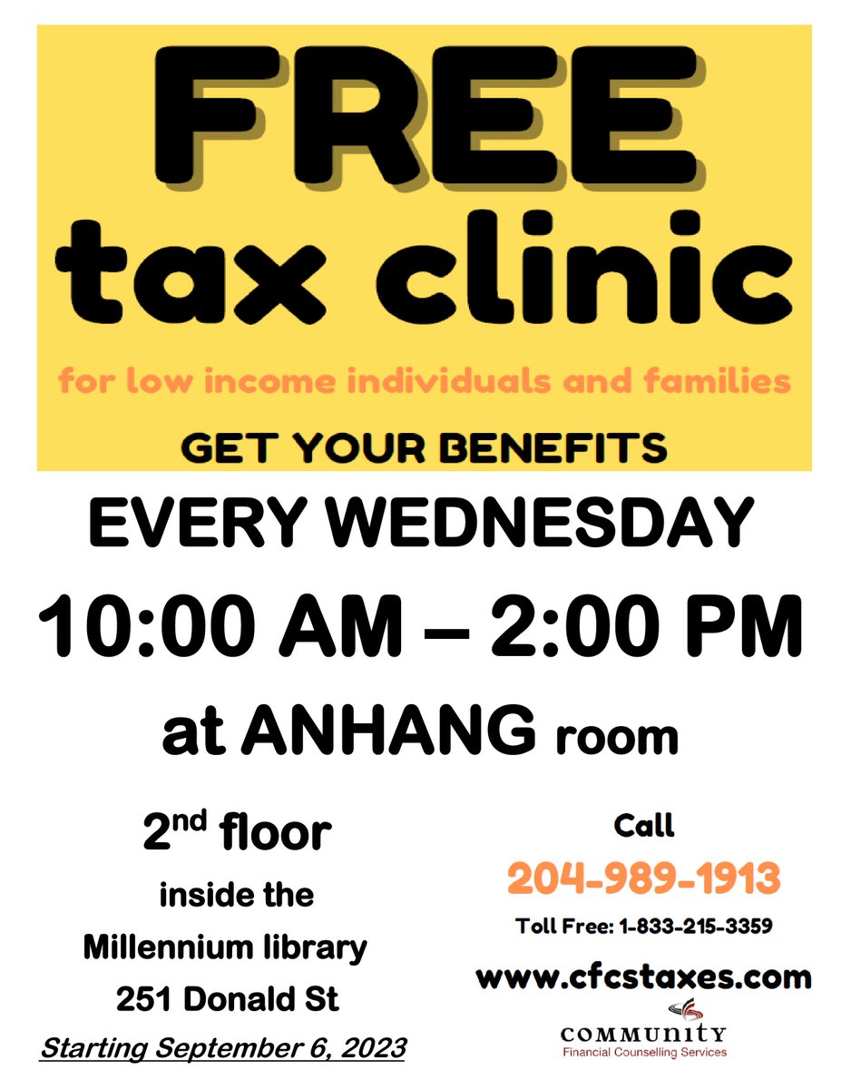 Need to get your taxes done? Come and visit us at the Millennium Library every Wednesday from 10:00am to 2:00pm. It is on a walk-in first come first served basis. We look forward to seeing you there!