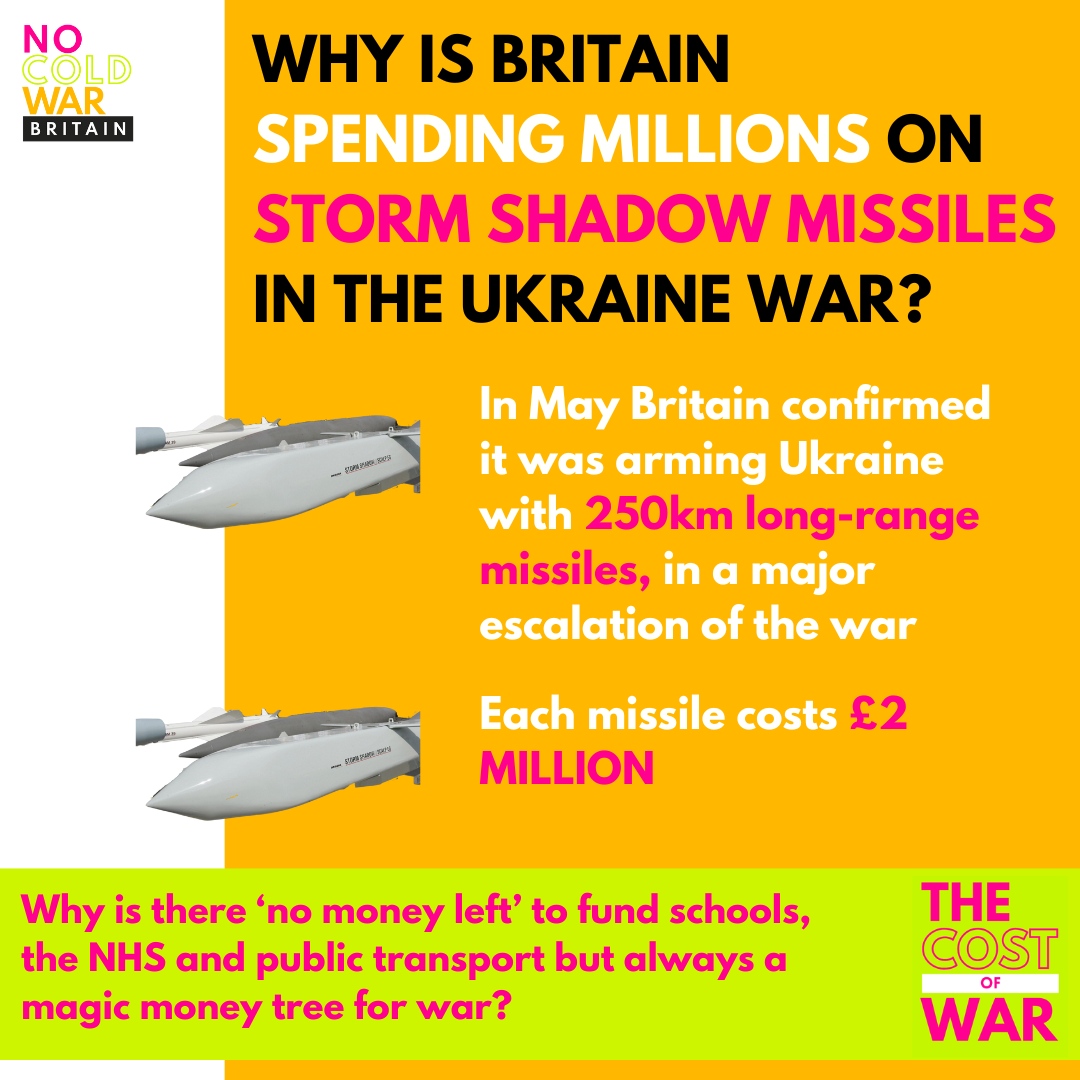 Britain is arming Ukraine with 250km long-range missiles. Each of these Storm Shadow missiles costs £2 million. 

Why is there ‘no money left’ to fund schools, the NHS and public transport but always a magic money tree for war? 

#WagesNotWar