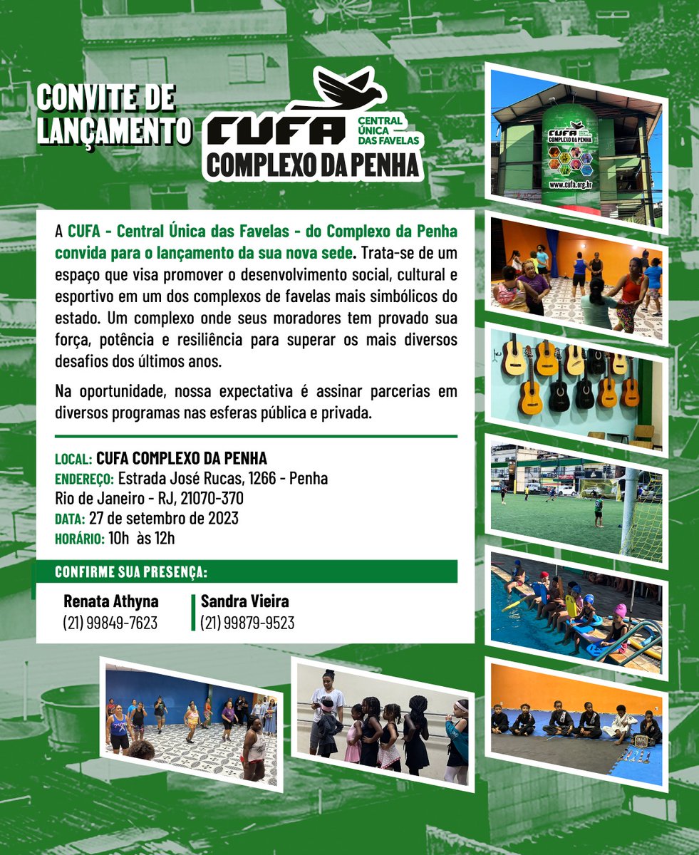 É com imenso prazer que estaremos, no dia 27 de setembro, lançando uma nova sede no Complexo da Penha. No evento de inauguração estaremos assinando o termo de colaboração com diversos parceiros que estarão juntos tornando as ações em realidade.

#cufabrasil #cufario