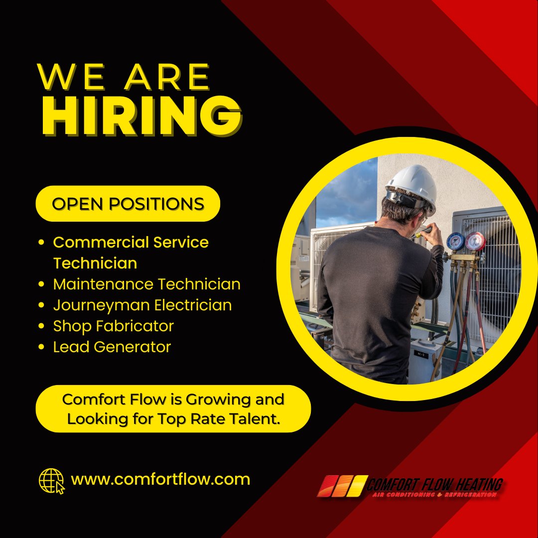 Join the Comfort Flow Heating team and spark your career! We're expanding our family and seeking skilled professionals to fill key roles. Elevate your expertise and grow with us. Explore opportunities: bit.ly/3La12XR
#HVACJobs #ElectricalExperts #OregonOpportunitiescomf