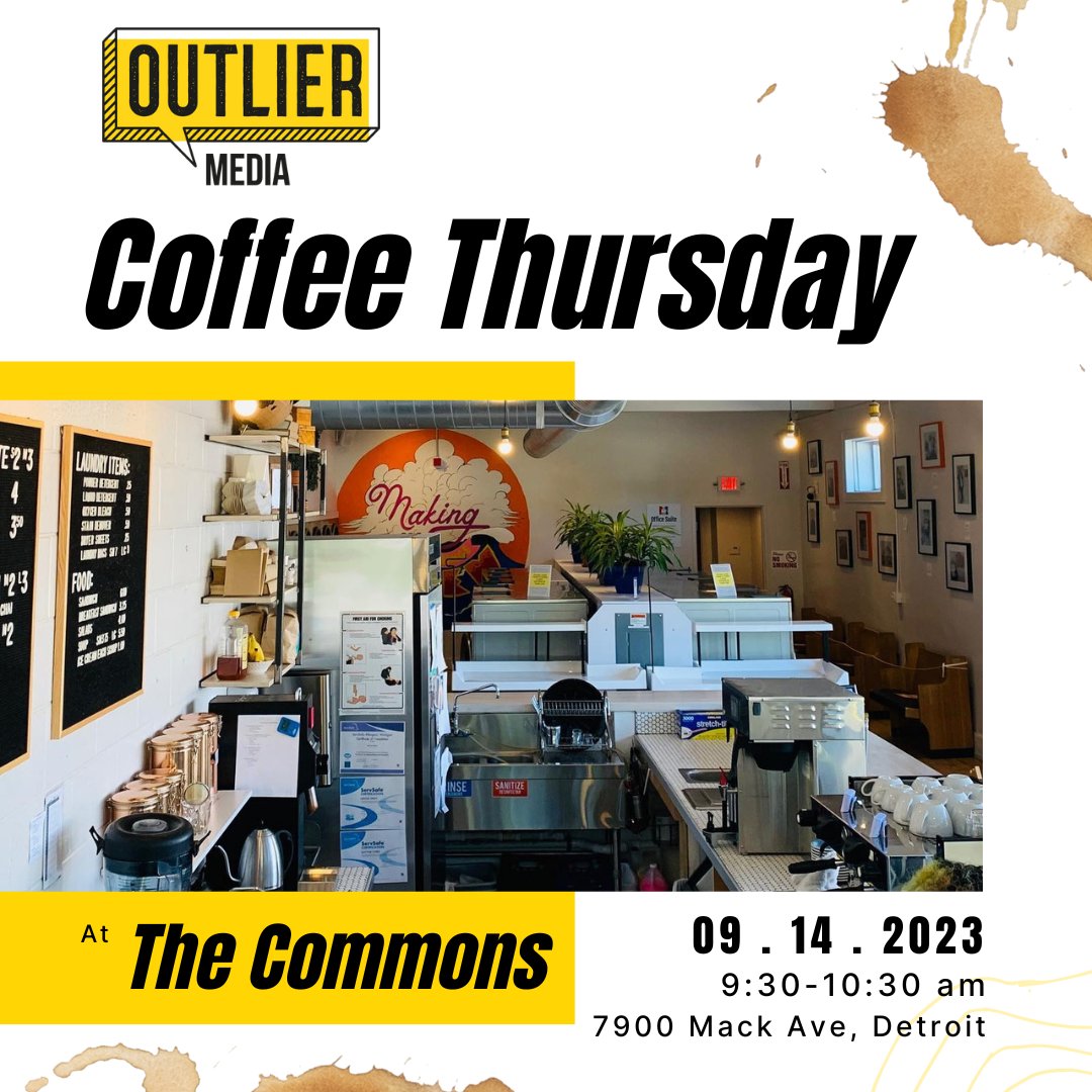 media_outlier's tweet photo. TOMORROW! Join us for our monthly community meet-up at The Commons (7900 Mack Ave.,  Detroit, MI 48214) on Thursday, Sept. 14 from 9:30-10:30 am.   

The first 20 people to arrive will receive a complimentary coffee or tea. Hope to see you there! https://t.co/z8TlSkDZZs