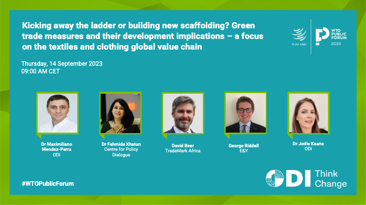 📢TOMORROW at #WTOPublicForum. Join @FahmidaKcpd, @daveghbeer, @GeorgeMRiddell & @KeaneJodie for a discussion on #GreenTrade measures in the textiles and clothing industry. Moderated by @m_mendezparra. 🗓️14 September 🕘09:00-10:15 CET 📍@WTO, Room S2 ➡️bit.ly/44exkHT