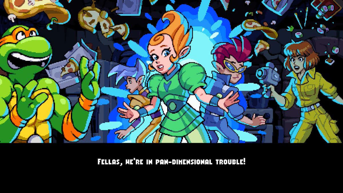 Dotemu's tweet image. April O'Neil is always on the hunt for a scoop 🎤, and the Neutrinos have a big one 😱

#TMNT #ShreddersRevenge #DimensionShellshock