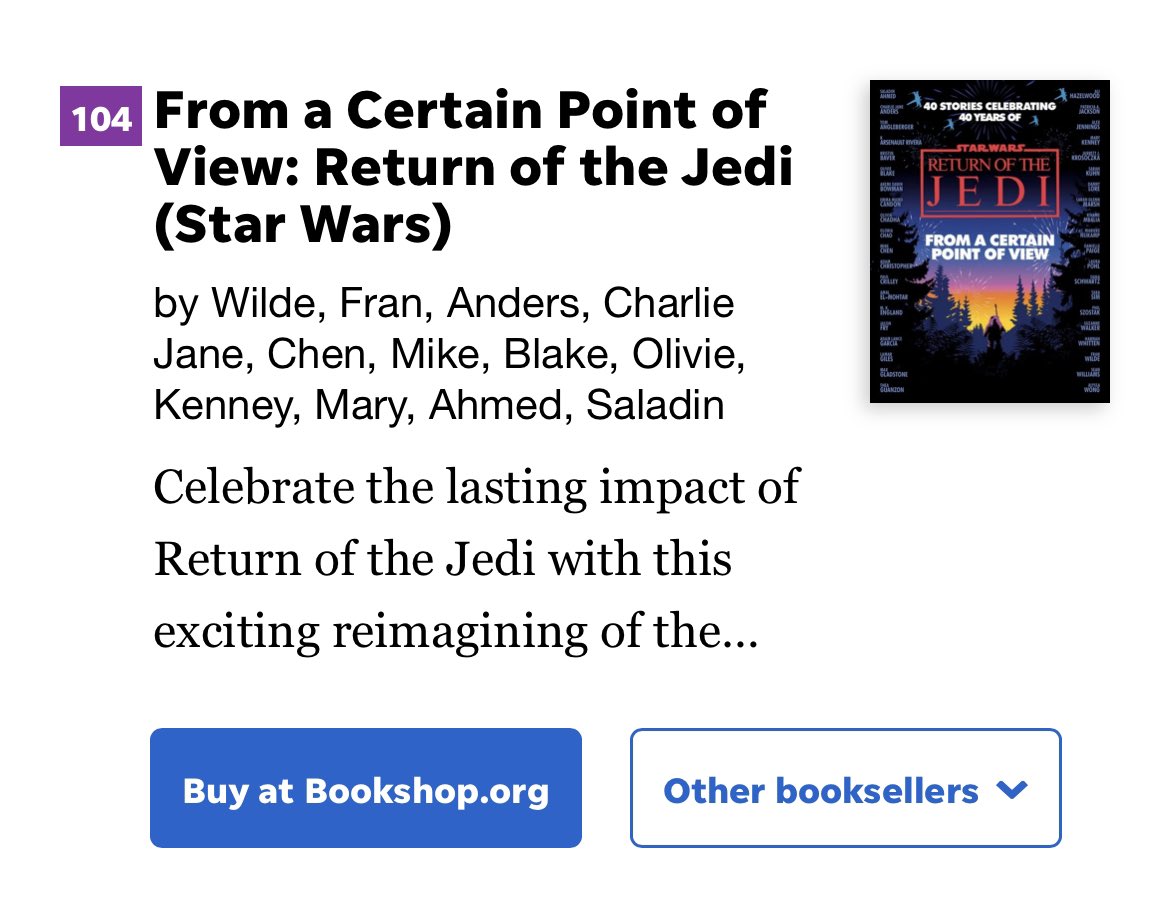 I still can't believe it. From a Certain Point of View: Return of the Jedi hit the USA TODAY Bestseller list!!! Huge congrats to the whole team! It's an honor to be one of you. 💜 usatoday.com/booklist/page/…