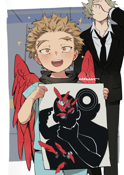 hawks (boku no hero academia) blonde hair 2boys multiple boys male focus wings formal necktie  illustration images