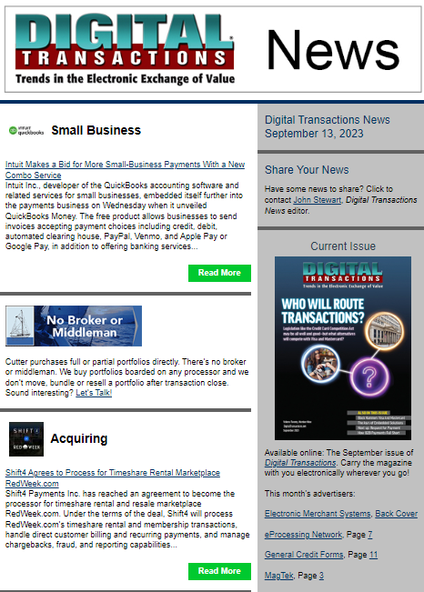 DTPaymentNews's tweet photo. Today’s Digital Transactions News: Intuit's New Payments Bid; Shift4 Gets Into Timeshares; Fitli Taps Usio
https://t.co/ppoJqzyigG
#Intuit #smallbusiness #Shift4 #timeshares #RedWeek #Fitli #Usio #Blackhawk #Swift #episodesix #CubicTransportation https://t.co/cOofWycEZt