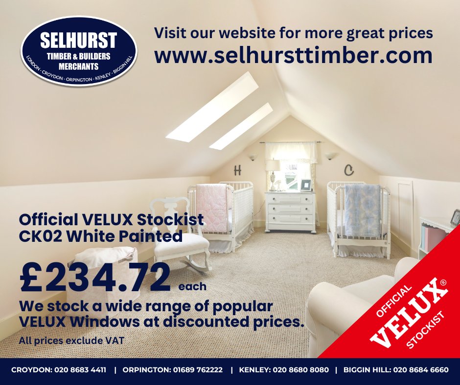 As an official VELUX Stockist we carry a wide range of popular VELUX Windows at discounted prices.
CK02 White Painted
Only £234.72 each ex VAT

selhursttimber.com

#Croydon #Orpington #Kenley #BigginHill 
#timbermerchant #London #buildersmerchant #timberdeals #timber #VELUX