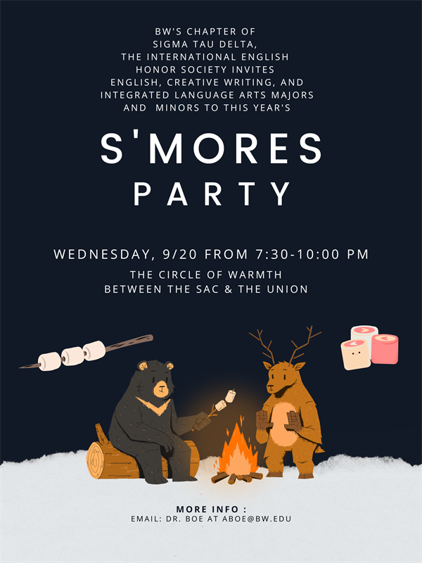 Please join Alpha Mu Zeta next Wednesday for this year's S'MORES PARTY! 🍫🔥This is an amazing event to hang out with your fellow English/Creative Writing peers, as well as faculty members! We hope to see you there!