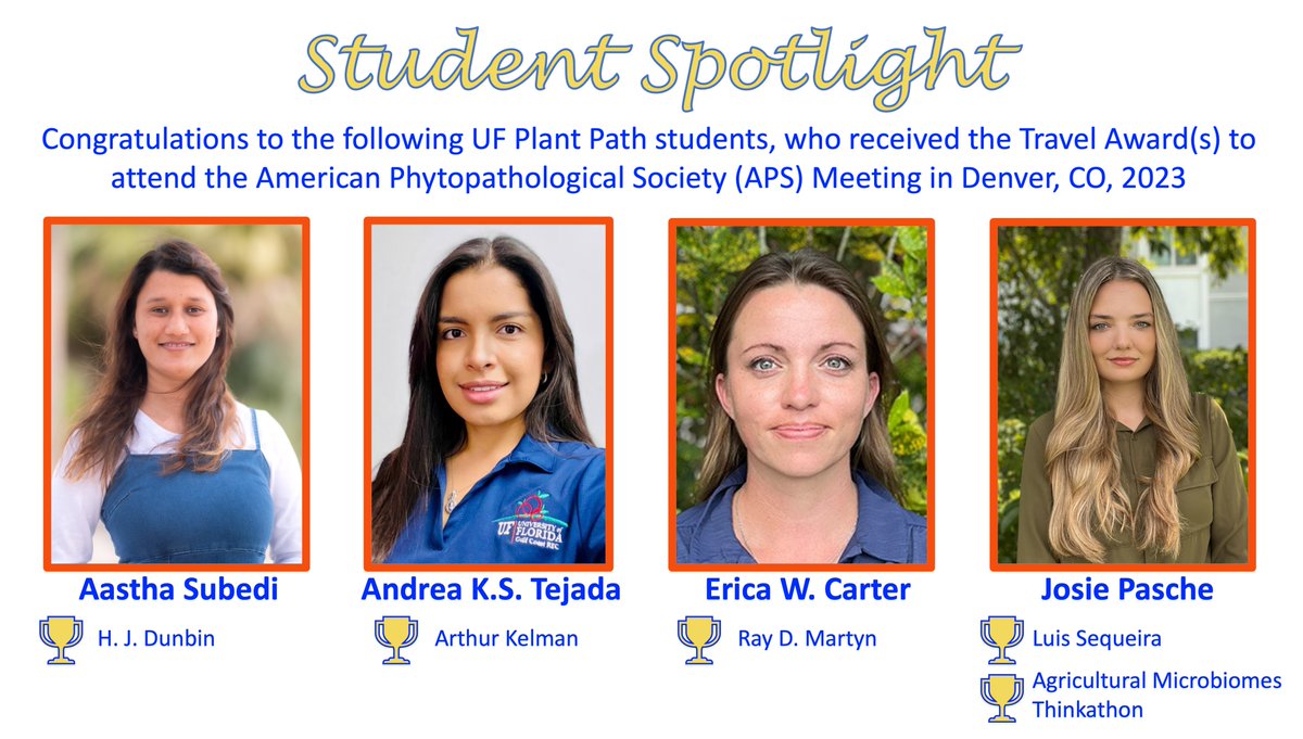 UF/IFAS Plant Pathology Department (@ufplantpath) on Twitter photo Plant Pathology students Aastha Subedi, Andrea K.S. Tejada, Erica W. Carter and Josie Pasche received travel awards to attend the American Phtyopathological Society Meeting last month in Denver. <a href="/samjmartins/">Samuel Martins</a> Plant Pathology students Aastha Subedi, Andrea K.S. Tejada, Erica W. Carter and Josie Pasche received travel awards to attend the American Phtyopathological Society Meeting last month in Denver. <a href="/samjmartins/">Samuel Martins</a>