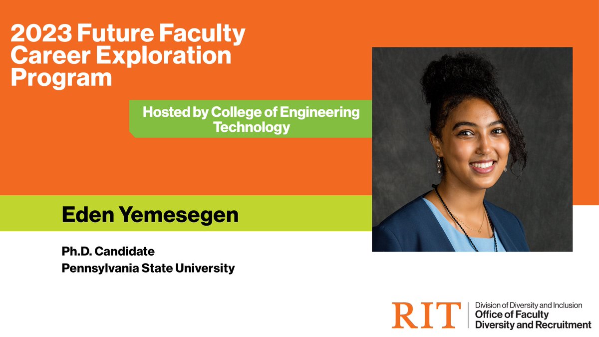 FacultyRecruit's tweet photo. Honored to introduce Eden Yemesegen @EdenBinega, part of our #FutureFaculty Career Exploration Program. She's a PhD candidate at @PSU_AE, focusing on 3D printing technology for housing &amp; infrastructure construction, and is hosted by @RITEngTech. 

#facultydiversity #RITdiversity https://t.co/8nD1sVo4gd