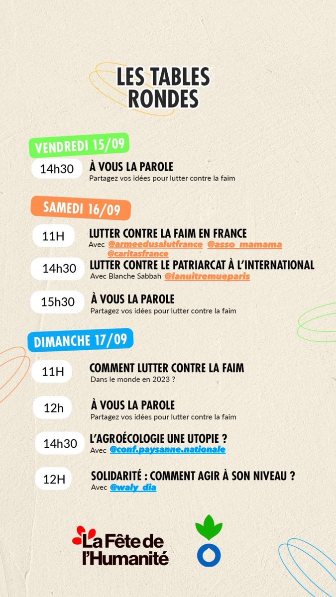 ActionContreLaFaim (@acf_france) on Twitter photo Ce week-end nous serons présent.e.s à la <a href="/FetedelHumanite/">Fête de l'Humanité</a> 🕺✊ On vous attend sur notre stand ! Au programme :
🎨Fresque collaborative
✨ Maquillage
🗣️ et de nombreuses tables rondes avec des guests surprise 👀 Ce week-end nous serons présent.e.s à la <a href="/FetedelHumanite/">Fête de l'Humanité</a> 🕺✊ On vous attend sur notre stand ! Au programme :
🎨Fresque collaborative
✨ Maquillage
🗣️ et de nombreuses tables rondes avec des guests surprise 👀