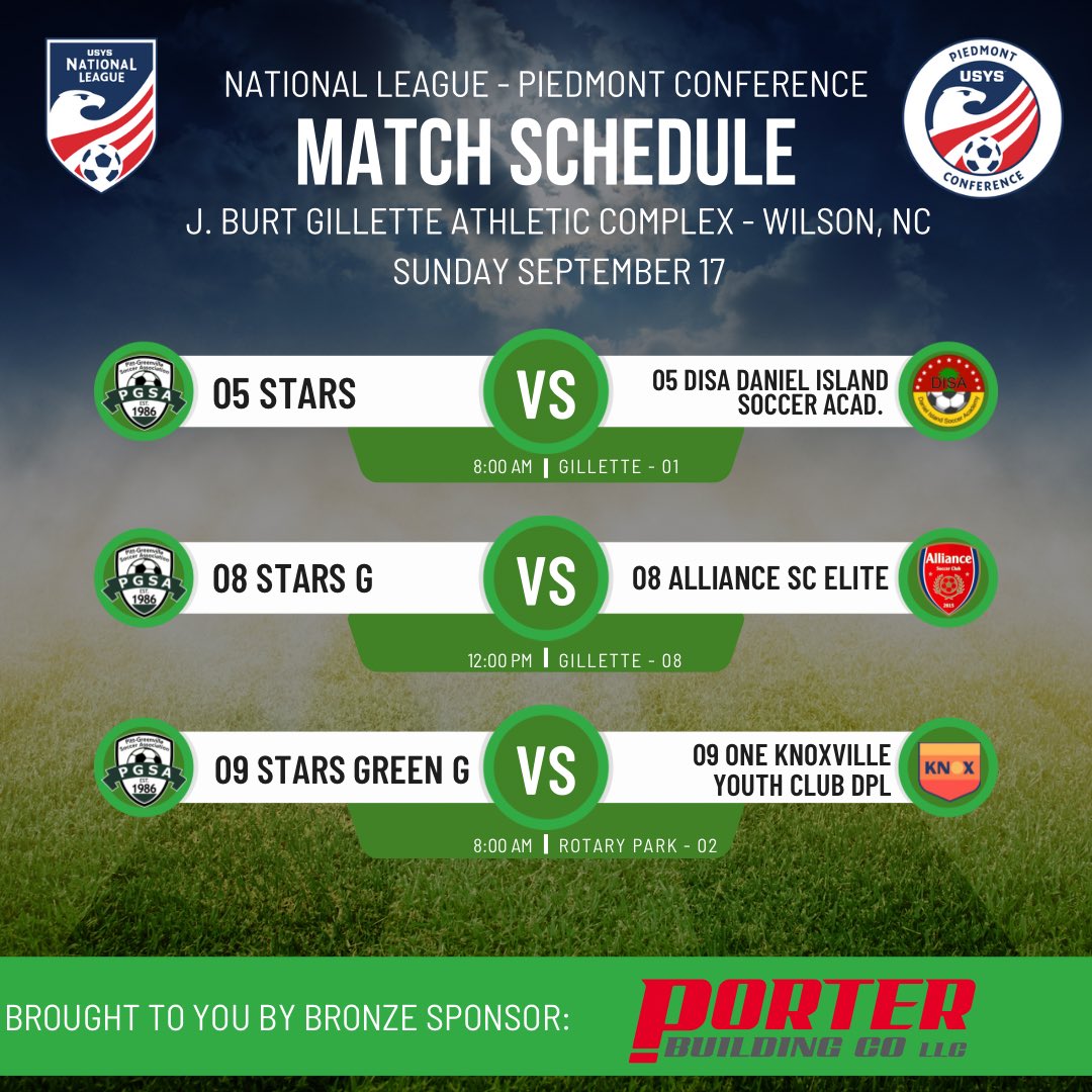 🚨⚽️This is a special weekend for top tier completion!⚽️🚨

Wilson NC is the location for the Nation League - Piedmont Conference (NLPC) match event. 

This season PGSA has 3 teams representing!!! Come out to support and watch our STARs complete at the highest level🔥🔥🔥