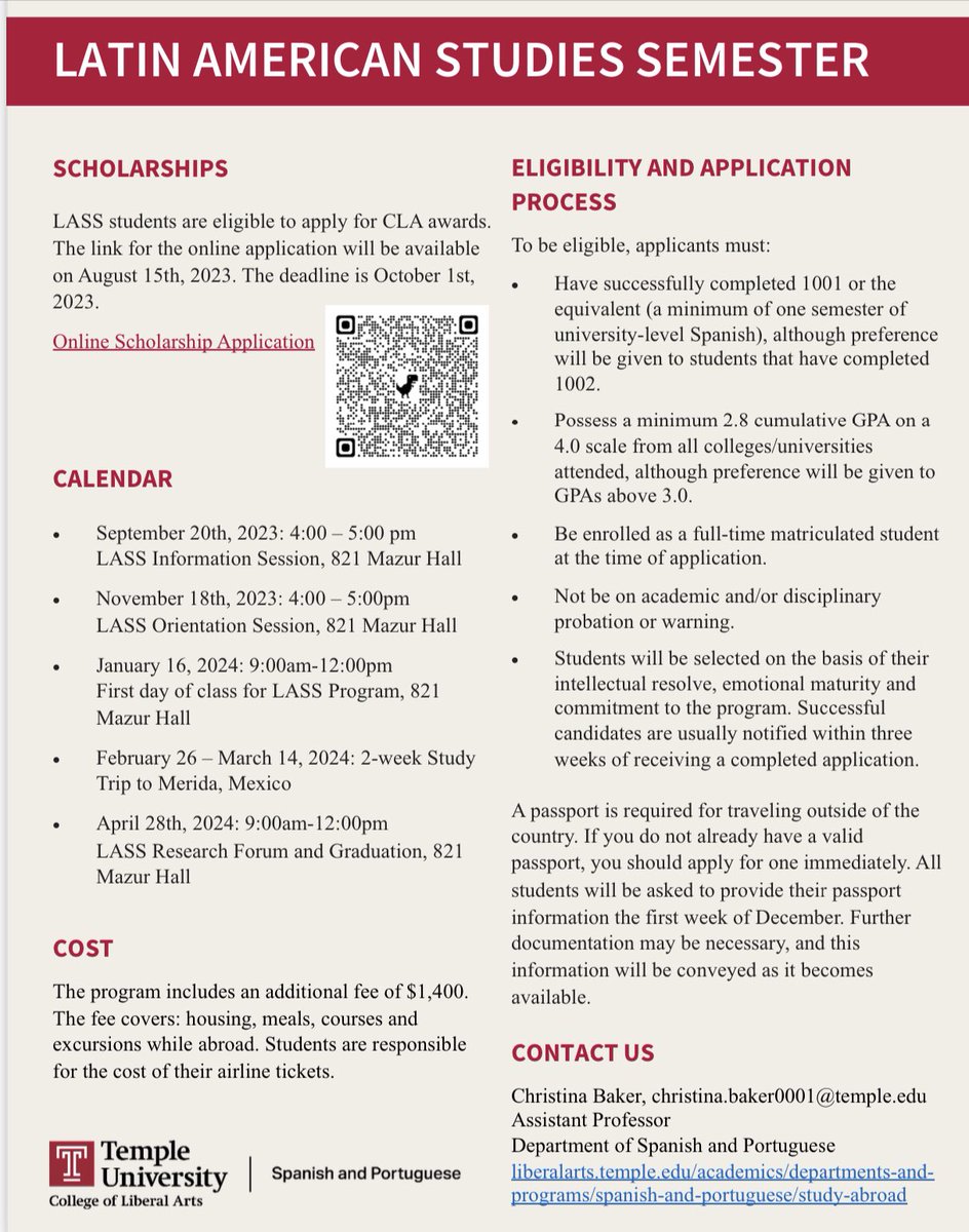 Questions? Contact Christina Baker, LASS Director, cebaker01@temple.edu
Information Session: September 20, 2023 @ 4:00 pm, 821 Mazur 
Apply Now! form.jotform.com/82255597172161