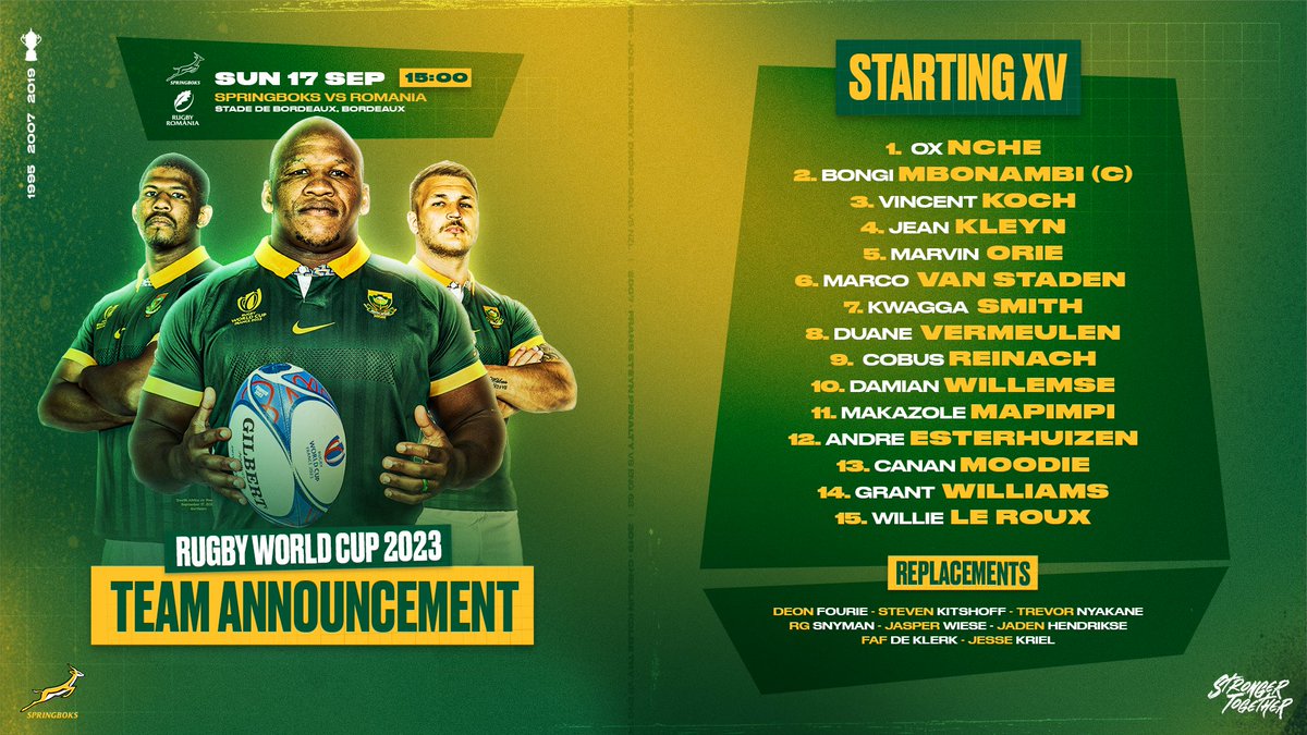 Springboks's tweet photo. The #Springboks team to face Romania in their second #RWC2023 pool game in Bordeaux on Sunday - more here: https://t.co/aip2LcSPV3 🇿🇦🏉
#StrongerTogether https://t.co/CBSZXLQgoI