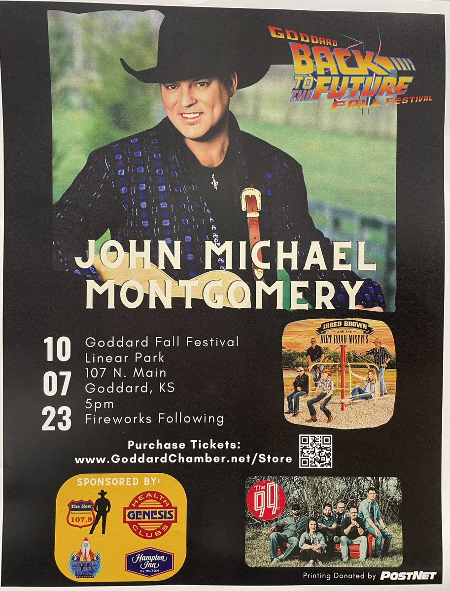 Join us with <a href="/JM2Squared/">John Michael Montgomery</a> 10/7/23! Get tickets before they’re all SOLD 🎶 😉 Parade, Food trucks, Inflatables, Vendors, Music &amp; Games in the pavilion ALL DAY 10/7. Jared Brown Band, Rock Academy, &amp; The 99 opening!

#GoddardFallFestival
#FallFestival
#Goddard
<a href="/Goddard_Chamber/">GoddardChamber</a>