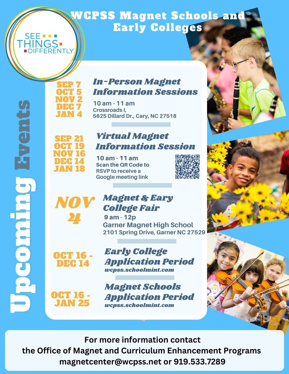 Got a little one who's almost ready for Kindergarten? Check out @WCPSS Magnet Schools! Begin your exploration at these upcoming events! Got questions - email magnetcenter@wcpss.net #SeeThingsDifferently