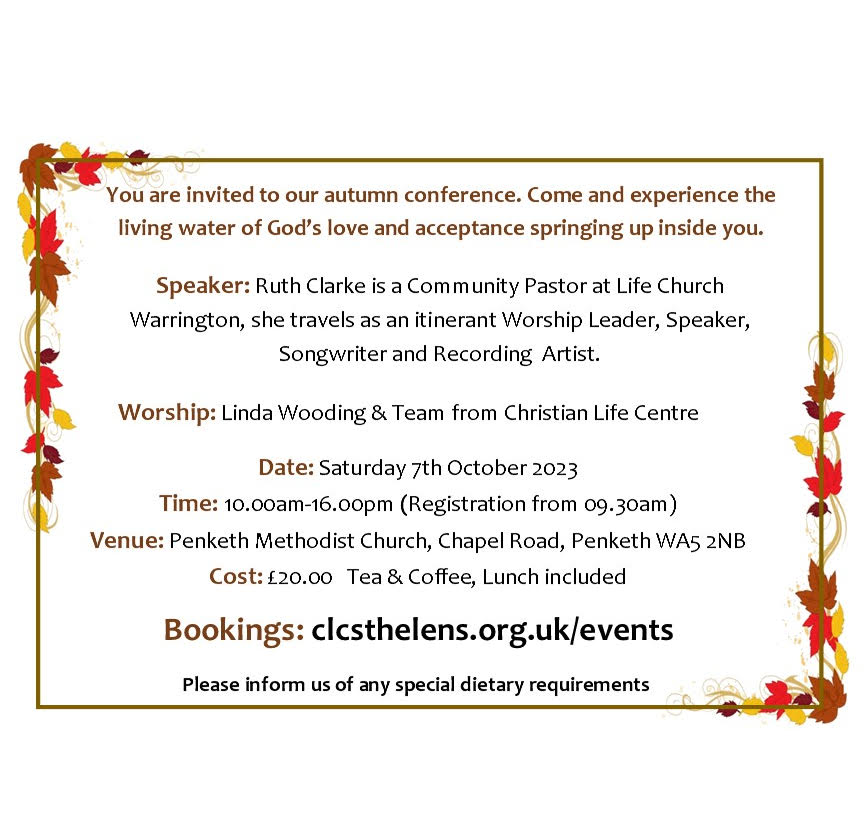 We're really excited to have <a href="/RuthWorship/">@ruthclarkeworship</a> lead our #ladies #conference this year. Please come along and be #refreshed on Saturday, 7 October 2023 between 10am-4pm. See the information below to book your ticket and not miss out. #penketh #Warrington #Widnes #StHelens 👇👇👇