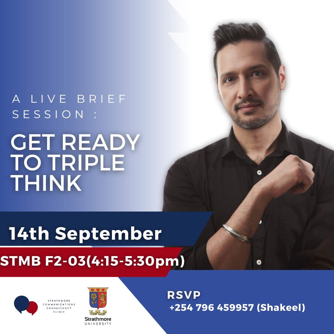 Sandeep Sura is back for a second session with the Strathmore Communications Clinic!

Join us tomorrow the 14th of September at STMB F2-03 and be a part of the transforming opportunity.

Sign up on forms.gle/LwJ5dww8HPVjx4…

Limited slots available 🏃🏃‍♀️🏃‍♂️