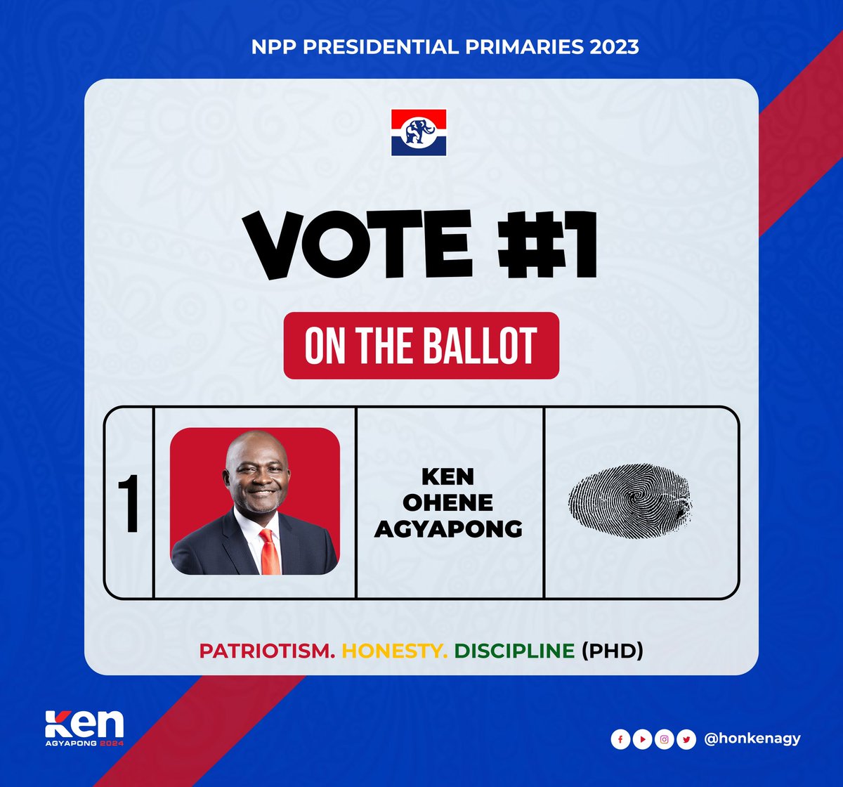realKenAgyapong's tweet photo. The balloting for the November 4 Presidential Primaries was held this afternoon at the NPP Headquarters.

By divine providence I chose NUMBER ONE (1) on the ballot.

This signifies victory, we shall continue to engage the rank and file our party especially the Grassroots to ensure victory is delivered come November 4, 2023.

#Number1OnTheBallot
#KenAgyapong
#K4P2024
#ShowDown 
#4thNov
#Vote4Ken
