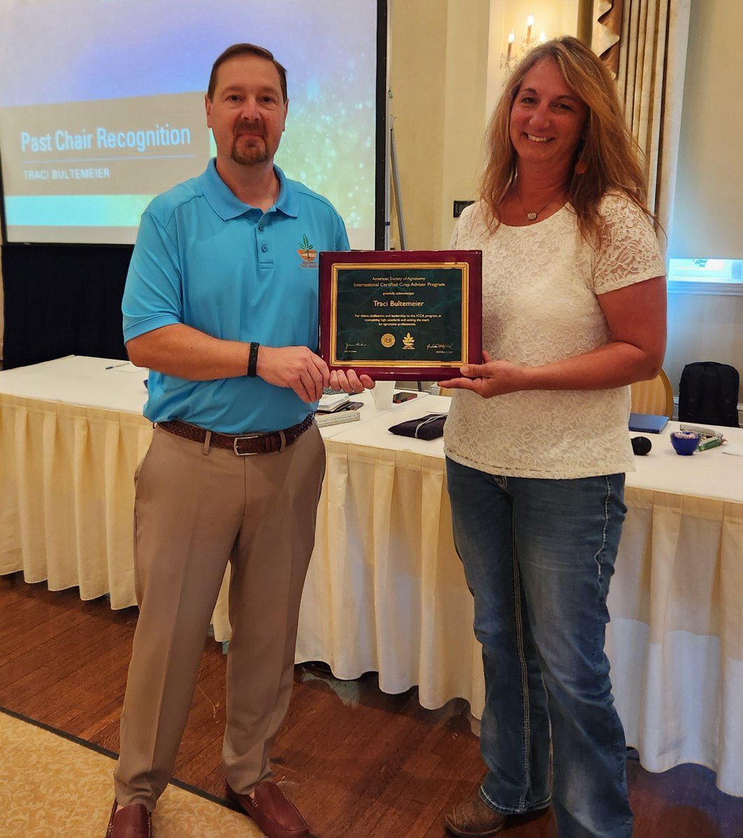 On Wednesdays we show gratitude. 🙏 At the ICCA Board Meeting in Winchester, VA this week, ICCA Board Chair Isaac Wolford recognized and thanked Past Board Chair Traci Bultemeier, Pioneer Seeds, for her hard work.