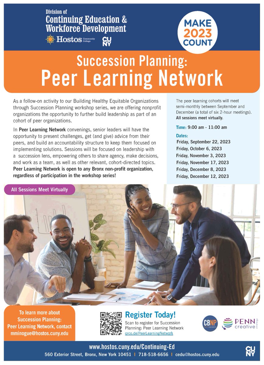 Connect with leaders and peers in the nonprofit space in this 6 workshop series follow up to Succession Planning led by PENN Creative Strategy.

Register today to join us on September 22!

#hostosconted #bronx #nonprofit #executivecoaching
#leadership