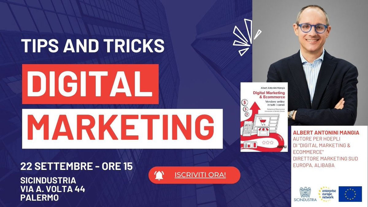 Sicind_Conf's tweet photo. 📌Il #22settembre, alle 15:00, #Sicindustria, partner di @EEN_EU,  organizza un #workshop sul #digitalmarketing e sull’#ecommerce con @antoninimangia!
✍️ Per partecipare, #registrati qui ➡️ https://t.co/ZpVkDfXdFG
Non mancare!
#EenCanHelp @EEN_Italia @AlibabaGroup @giadaplatania0 https://t.co/xLvkvbLI8Q