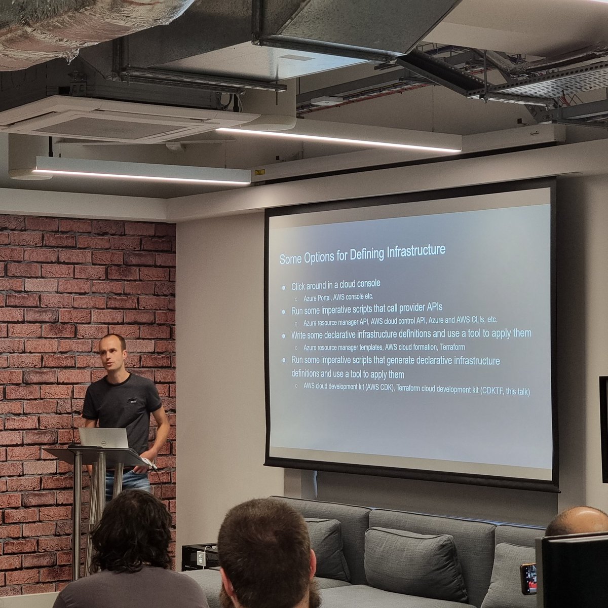 The first of three fantastic lightening talks tonight at PyBelfast.

Title: All Things being EQL by Claire Burn

Title: Lights, Camera Action! Behind the Scenes of DevRel Teams by Naoise Rush

Title: Using Terraform Cloud Development Kit with Python by Chris Hibberd
