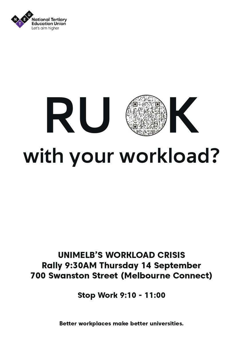 Workload issues? Cycling restructures? Insecure work? Higher education workers R NOT OK with bad working conditions. Come to the rally at 9.30 @ Melbourne Connect, 700 Swanston Street, and hear what Higher education workers really think. #unimelbstrikes