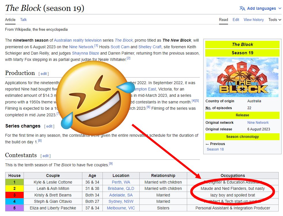 scottgumbleton's tweet photo. Whoever edited the Wikipedia entry for #TheBlock has absolutely nailed it! https://t.co/pSwzI6uzKu