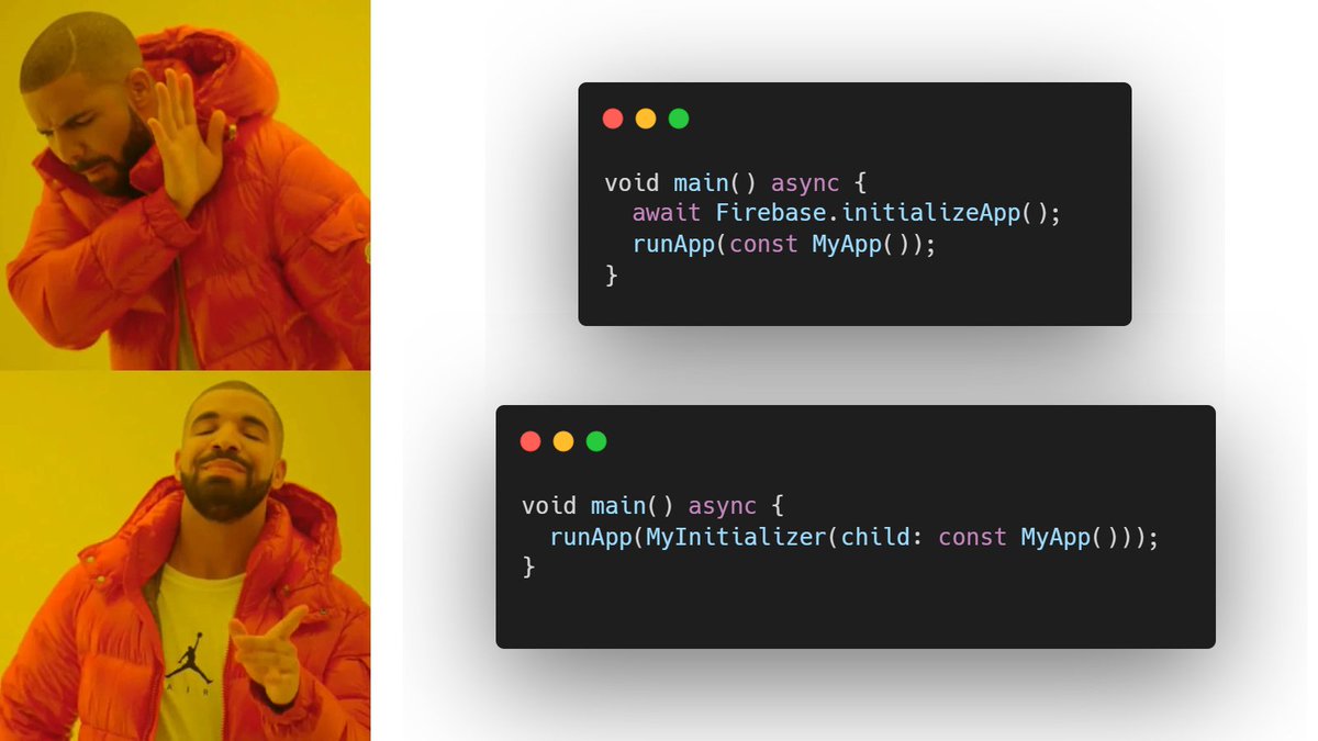 caseycrogers's tweet image. #flutter tip of the day!
Don't run initialization logic in main. If it fails, your user will be stuck on a blank screen.
Create a StatefulWidget that initializes everything in initState and displays a user facing error when appropriate.
#buildinpublic
