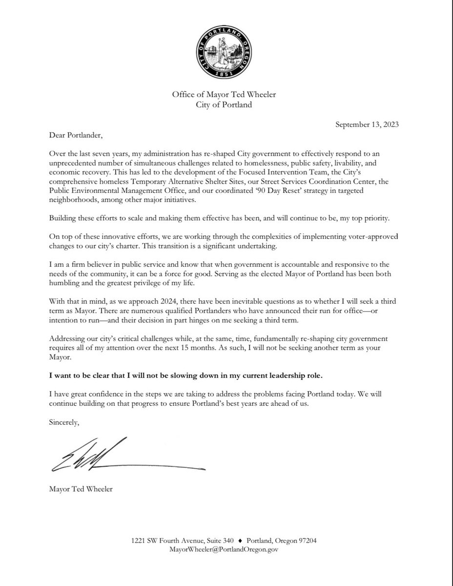 #BREAKING: Portland Mayor <a href="/tedwheeler/">Ted Wheeler</a> will NOT be seeking a third-term as leader of the Rose City. <a href="/fox12oregon/">FOX 12 Oregon</a> Read more below: