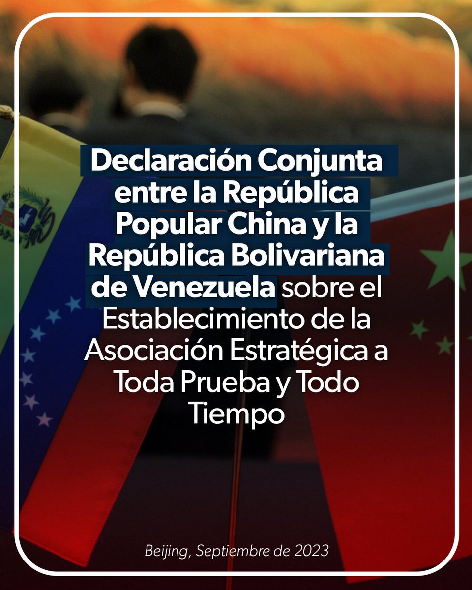 Les comparto la Declaración Conjunta entre China - Venezuela. Nos mantendremos trabajando firmemente en realidades propias por el camino del desarrollo, la democracia y de los Derechos Humanos para el bienestar de los Pueblos. Descárguela AQUÍ ==> bit.ly/3ZidwCl