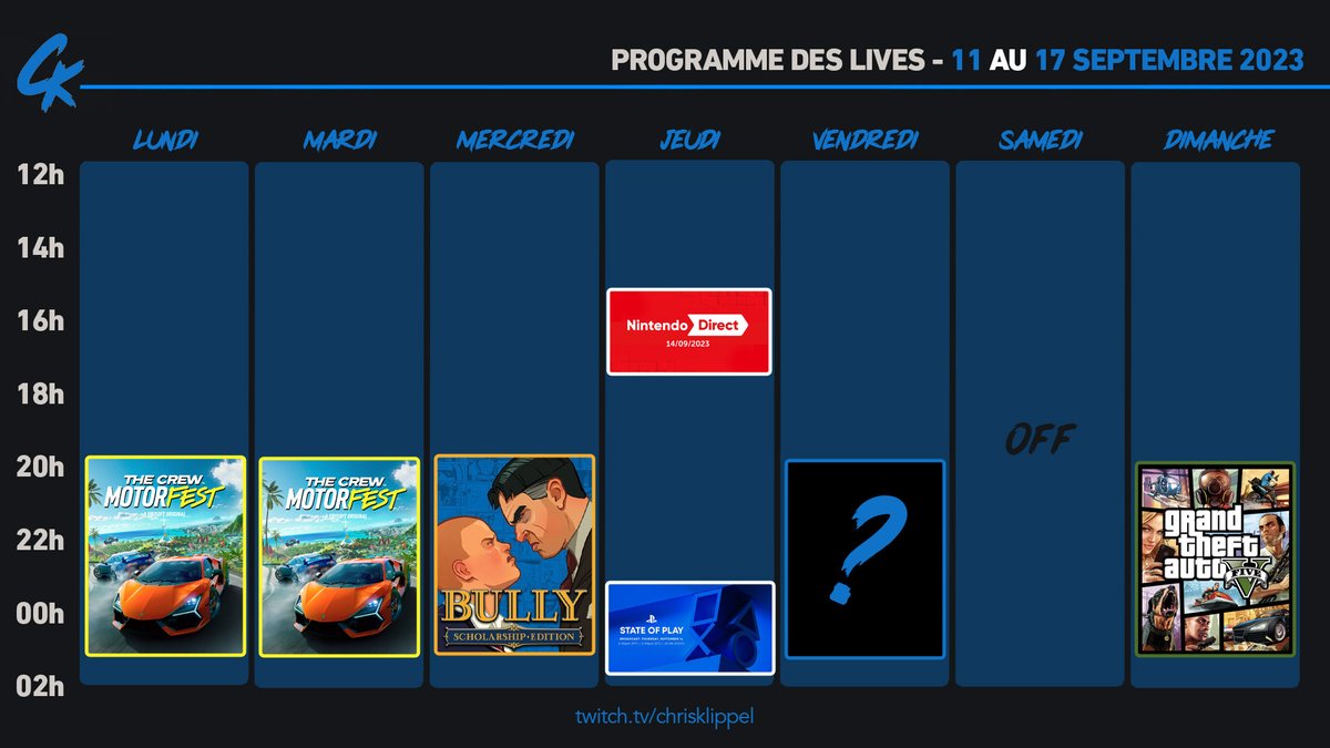 Chris_Klippel's tweet photo. Petite MàJ du planning #Twitch de la semaine !
Finalement, on ne sera pas en "OFF" aujourd'hui, ni dimanche.
On suivra en mode #AperoJV le #NintendoDirect et le #StateOfPlay. Dimanche, pour les 10 ans de #GTAV on lance les let's play ! 😍 https://t.co/rHks8rQZ54