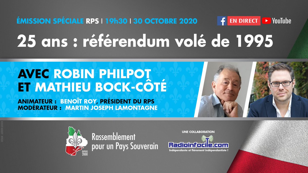 PaysQuebec's tweet photo. ⚜️ 25 ans : référendum volé de 1995
Avec #RobinPhilot (@RphilpotInfo) et Mathieu #BockCote (@mbockcote)
Visionnez ici: 🖥️ https://t.co/jXxE4jXcb0

#Volde95 #referendum #patriotes #RPSQuebec #polQc #OptionCanada #Cnews #DGEQ #Quebec @RPSQuebec https://t.co/8kvjOilim6