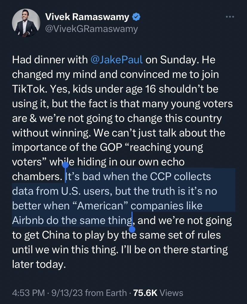 SonofHas's tweet photo. Vivek apparently thinks CCP spyware is no worse than Airbnb data collection https://t.co/wYAdbgYgHG