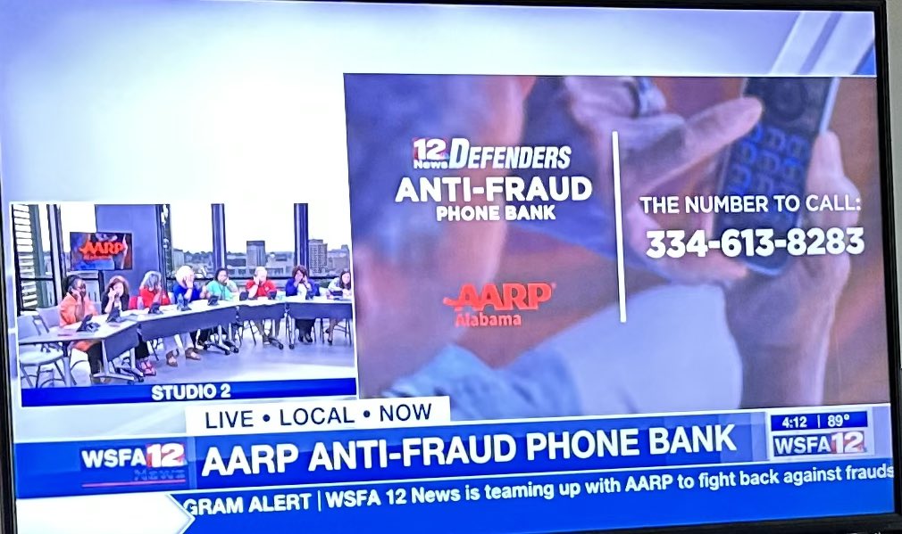 AARPAL's tweet photo. Phones are ringing at @wsfa12news as folks get their questions about fraud answered. Call 334-613-8283 from now until 6:30PM! https://t.co/IjGAm3G1kW