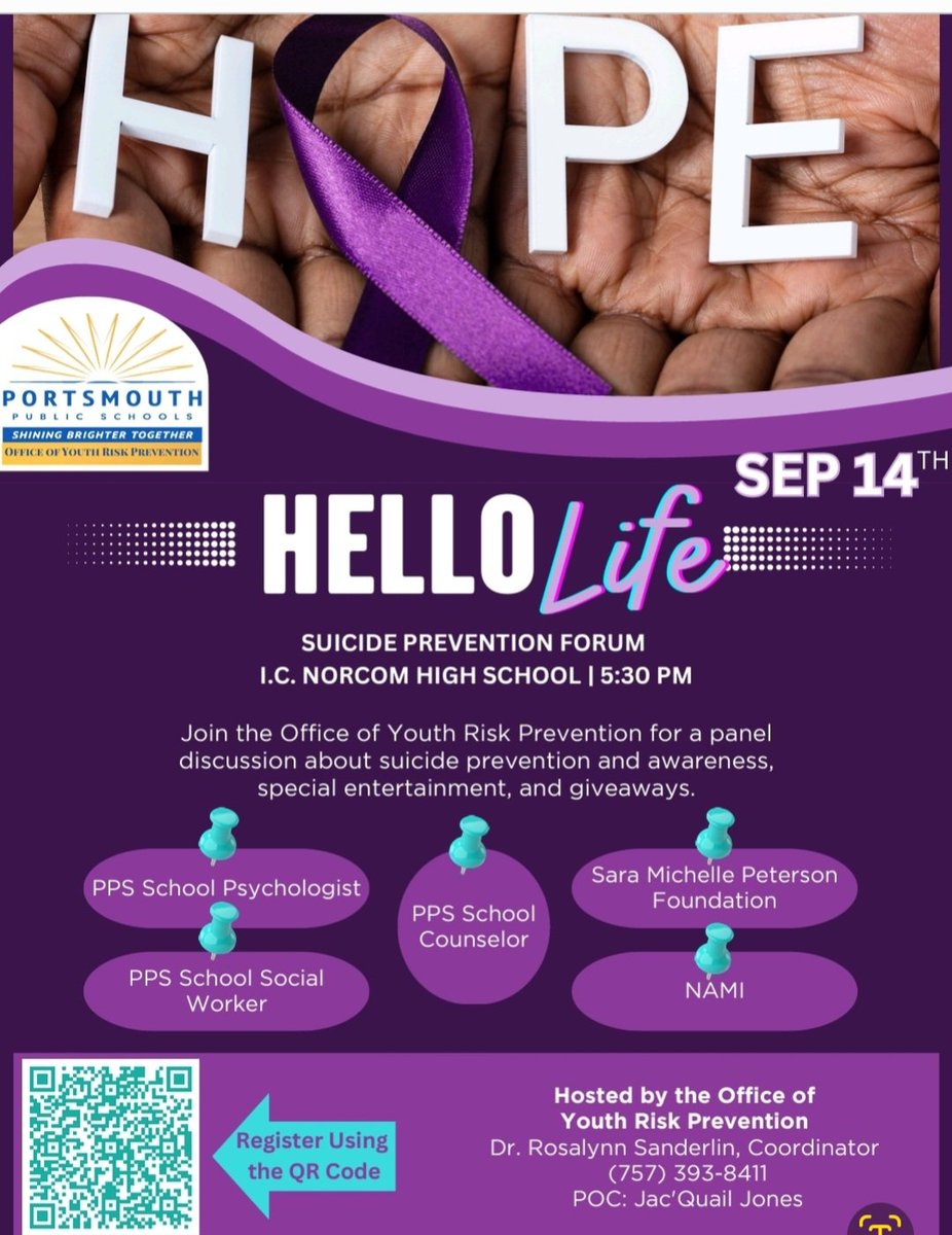 Tomorrow September 14th Join us for Hello Life.@PortsVASchools ..@cityofPortsVA #Ppsshines #PpsPurpleUp #SuicidePrevention