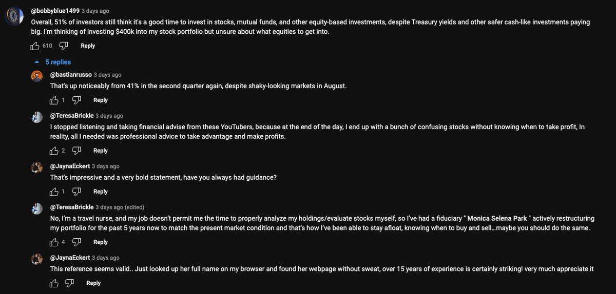 Aust_InSpace's tweet photo. Be careful of scammers in the comment section of finance videos on YT. They follow a typical pattern: 1 upvoted comment asking for advice followed by a thread of replies that lead to the referral of a "financial advisor". Here's just a few examples #scam #finance https://t.co/v71q8bj3yb