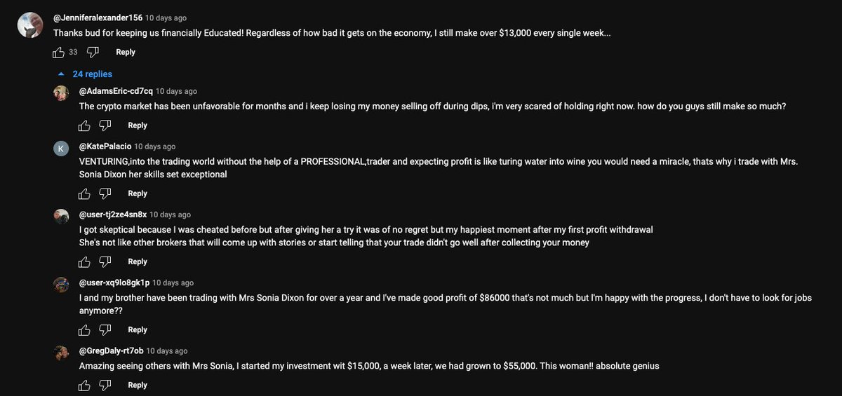 Aust_InSpace's tweet photo. Be careful of scammers in the comment section of finance videos on YT. They follow a typical pattern: 1 upvoted comment asking for advice followed by a thread of replies that lead to the referral of a "financial advisor". Here's just a few examples #scam #finance https://t.co/v71q8bj3yb